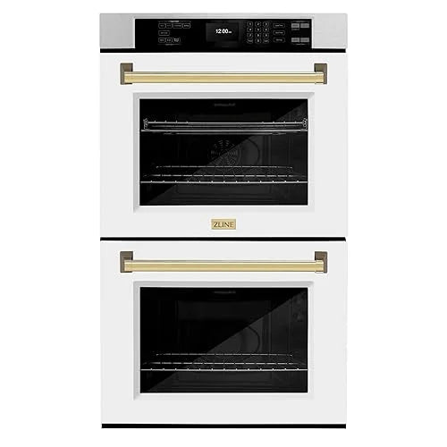 ZLINE 30 in. Autograph Edition Professional Convection Double Wall Oven with Air Fry and Self Clean in DuraSnow Stainless Steel with White Matte Doors and Polished Gold Handles (WADSZ-WM-30-G)