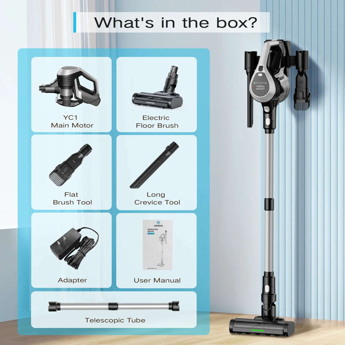 MOOSOO Stick Vacuum Cleaner, LED Display, Anti-Tangle Brush, Powerful No-Fading Suction for Pet Hair, Hard Floors and Carpet