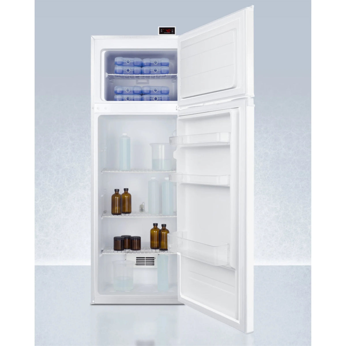 General purpose refrigerator-freezer with digital controls, internal fan, alarm/thermometer, and 2-8C refrigerator section