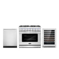 Cosmo 3 Piece Kitchen Appliance Packages with 36" Freestanding Gas Range Kitchen Stove 24" Built-in Fully Integrated Dishwasher & 48 Bottle Freestanding Wine Refrigerator Kitchen Appliance Bundles