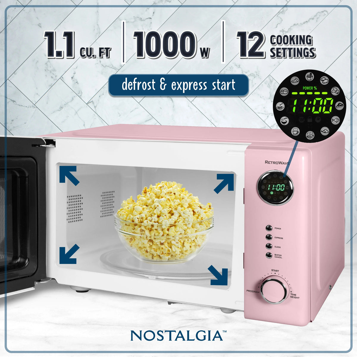 Nostalgia Retro Countertop Microwave Oven - Large 1000-Watt - 1.1 cu ft - 12 Pre-Programmed Cooking Settings - Digital Clock - Kitchen Appliances - Black
