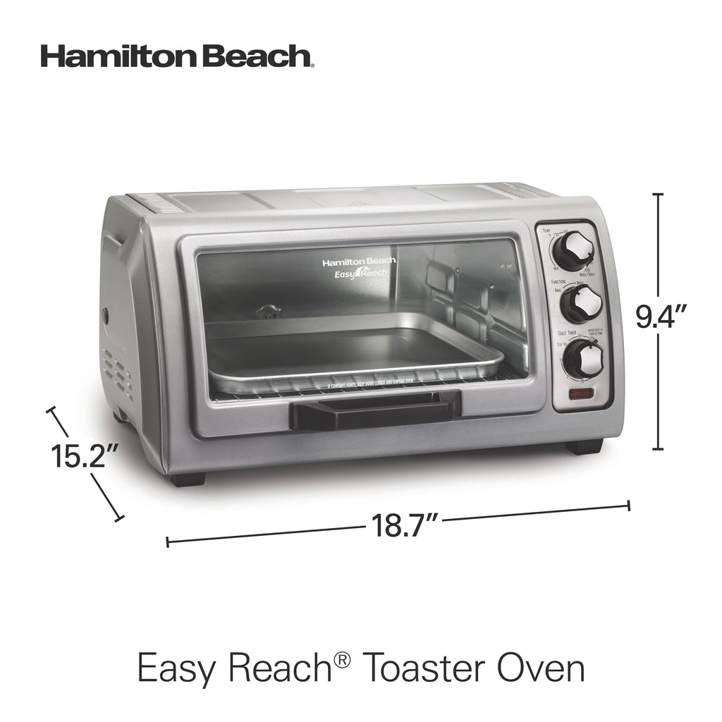Hamilton Beach 6 Slice Countertop Toaster Oven with Easy Reach Roll-Top Door, Bake, Broil & Toast Functions, Silver