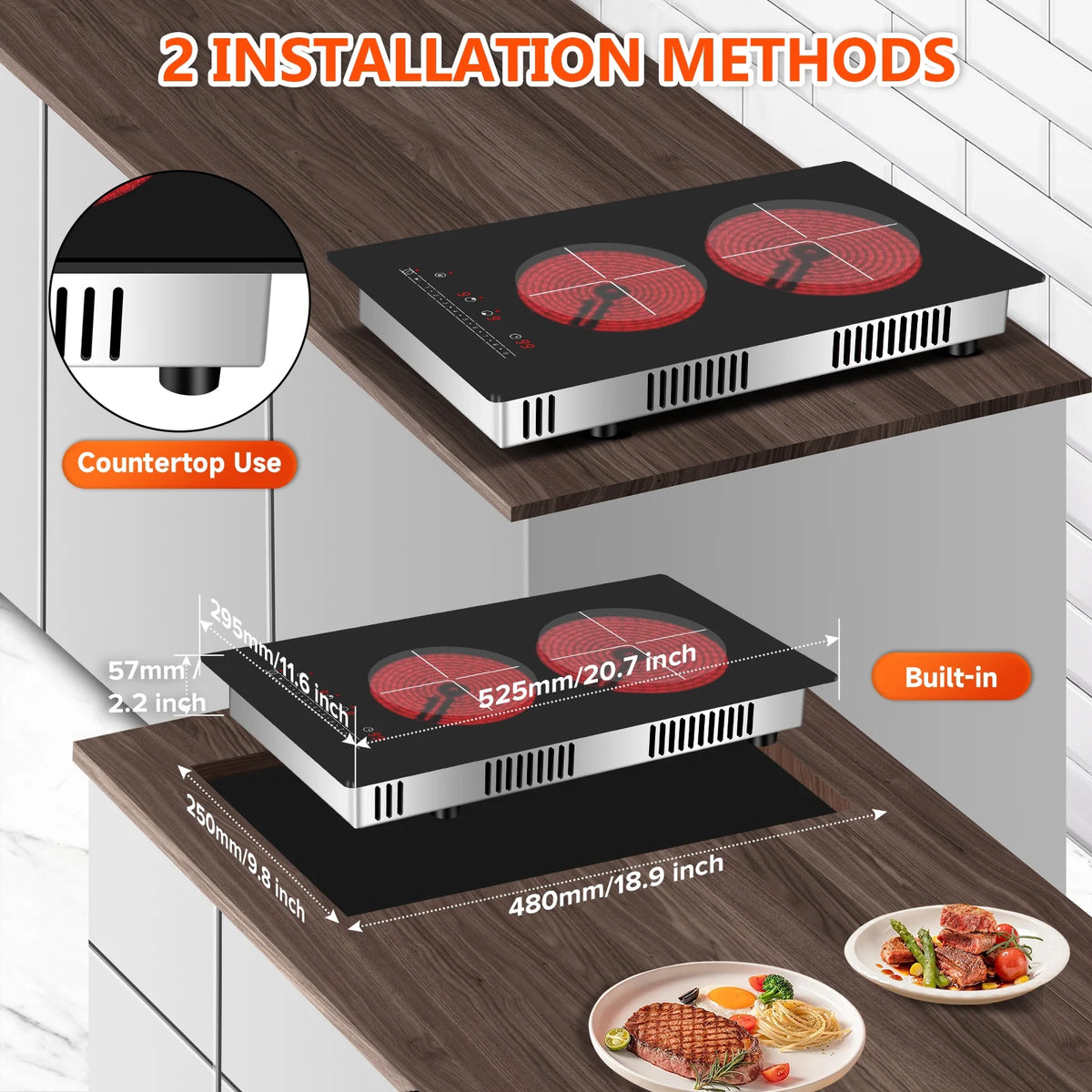 GRACEALL 12 inch Electric Stove 2 Burners Hot Plates for Cooking, Countertop Hotplate Double Elements Cooktop, 120V Ceramic Hotplate Plug in Infrared Cooker, Countertop and Built-in Compatible