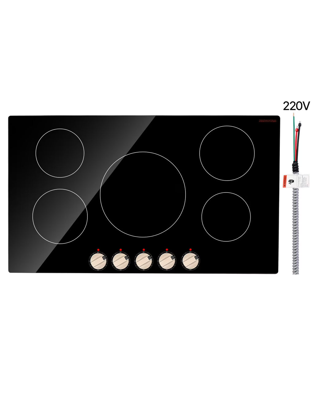KFFKFF 5 Burner Electric Cooktop, 9200W 36" Ceramic Glass Stove Top Burner, Built In or Countertop, with Control Knobs, 12 Heat Levels, Glass Top, Automatic Power-Off for Indoor Outdoor Cooking