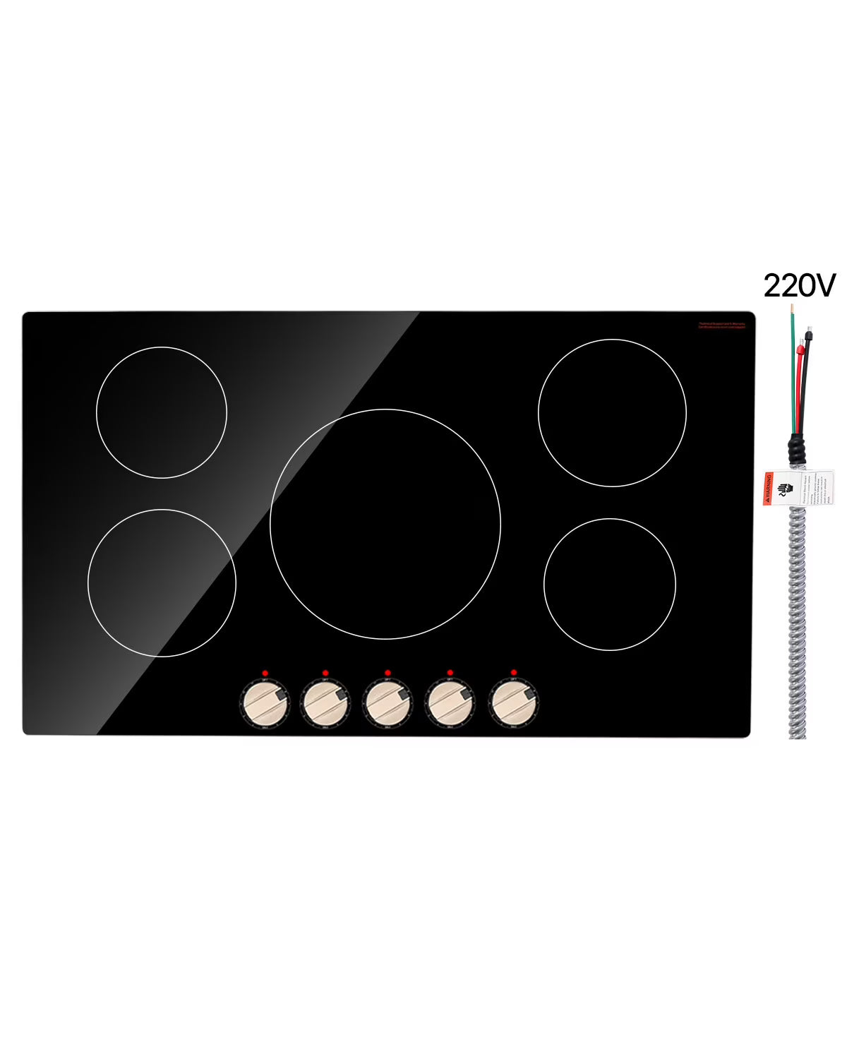 KFFKFF 5 Burner Electric Cooktop, 9200W 36" Ceramic Glass Stove Top Burner, Built In or Countertop, with Control Knobs, 12 Heat Levels, Glass Top, Automatic Power-Off for Indoor Outdoor Cooking