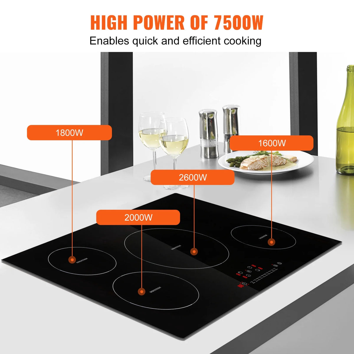 KFFKFF 4 Burner Electric Cooktop, 30'' 7500W 9 Power Settings Induction Cooktop Countertop Burner, with LED Display, Child Safety Lock & Heat Guard
