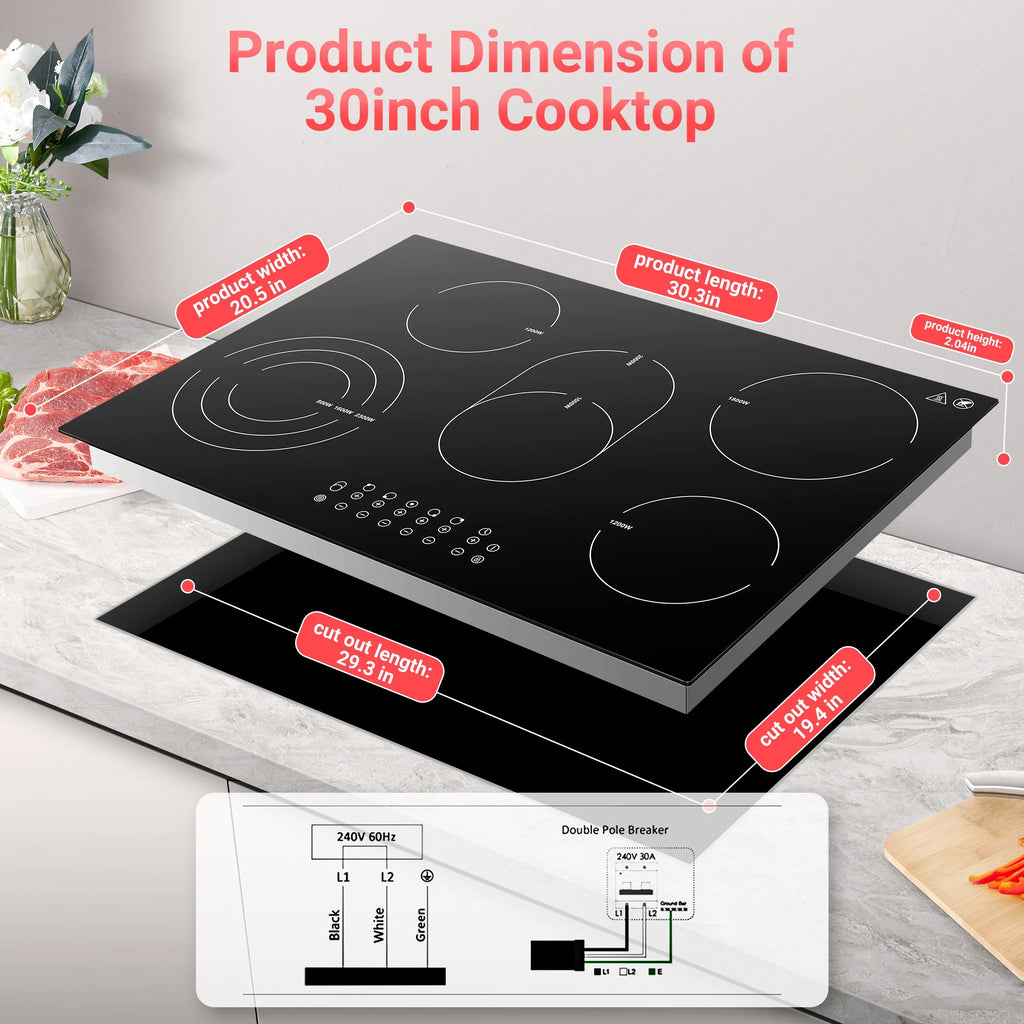 Sunmaki 30 Inch Electric Stove Cooktop 8500W Built-in Electric Stove Cooktop with 5 Burners, Sensor Touch Control Safety Lock,220-240v, Hard Wire, No Plug