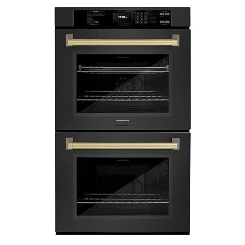ZLINE 30 in. Autograph Edition Professional Convection Double Wall Oven with Air Fry and Self Clean in Black Stainless Steel with Champagne Bronze Handles (WADBZ-30-CB)