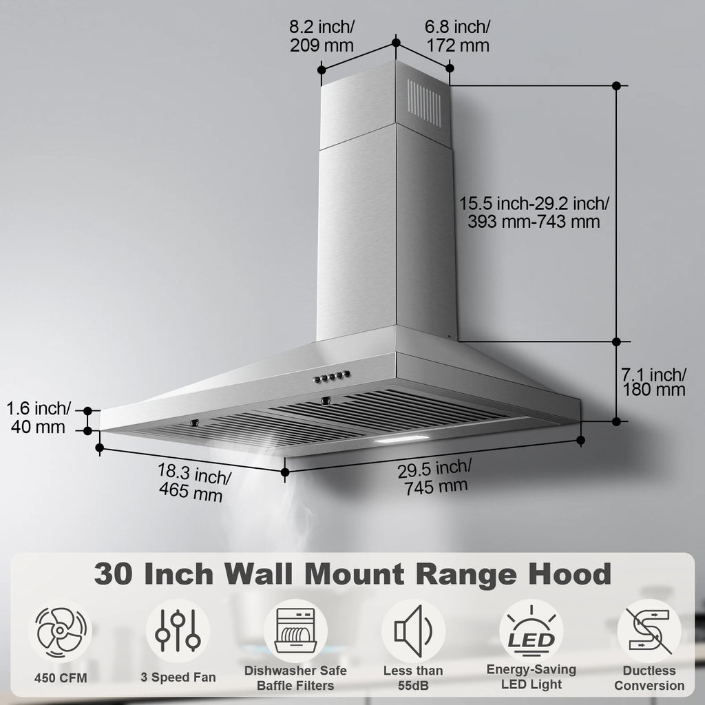 Range Hood 30 inch 450 CFM Wall Mount Range Hood with Baffle Filters 3 Speed Fan Vent Hood