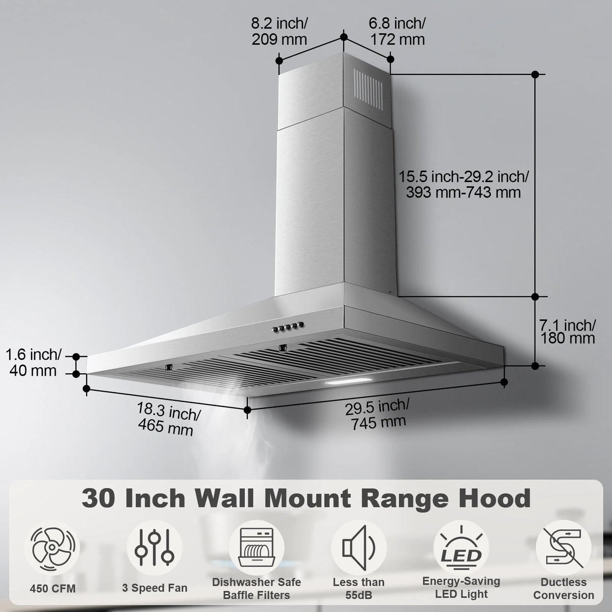 Range Hood 30 inch 450 CFM Wall Mount Range Hood with Baffle Filters 3 Speed Fan Vent Hood