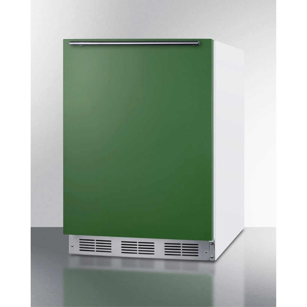 ADA height 24" refrigerator-freezer for residential use with emerald green door, stainless steel handle, and white cabinet