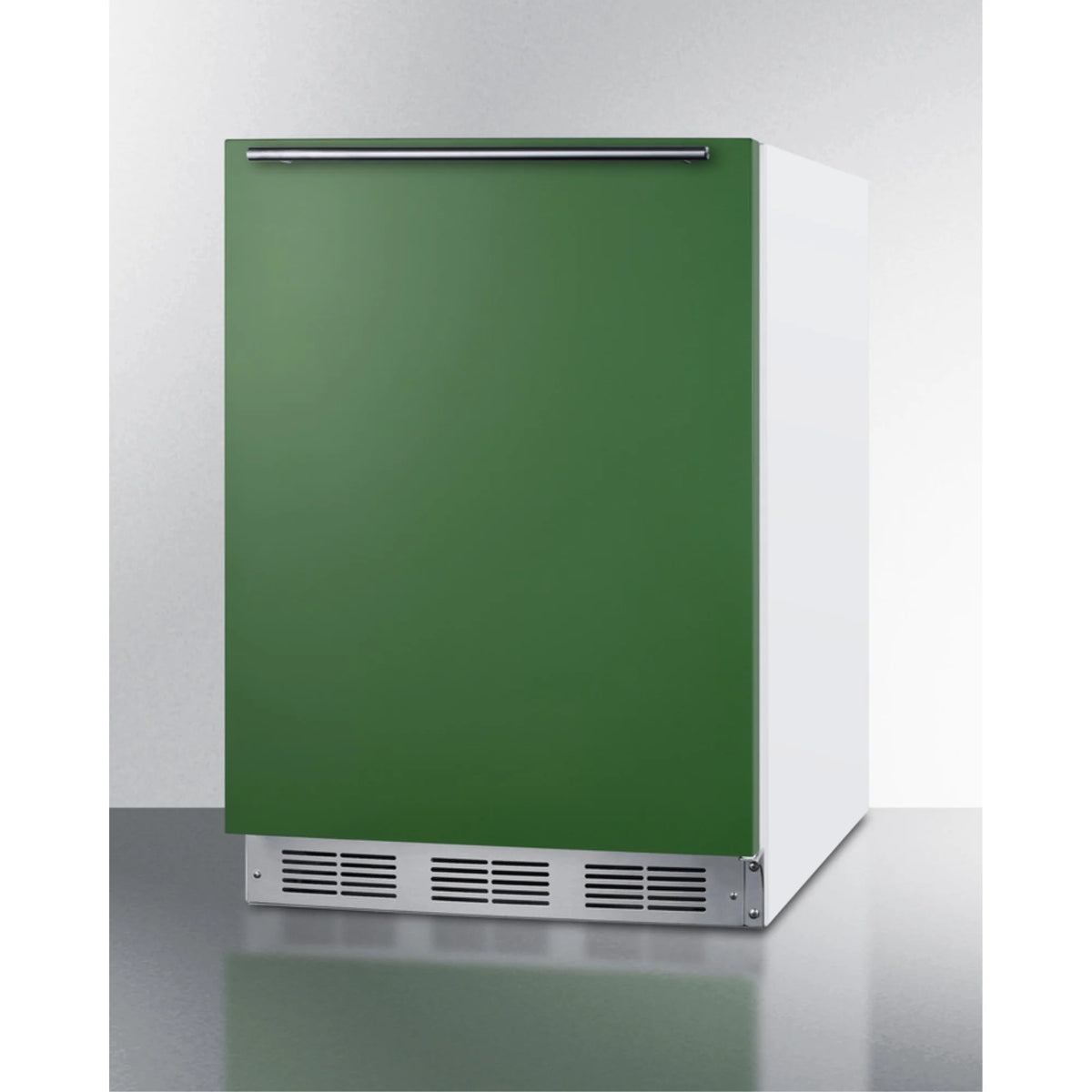 Undercounter 24 Inches all-refrigerator for residential use with lavender purple door, stainless steel handle, and white cabinet