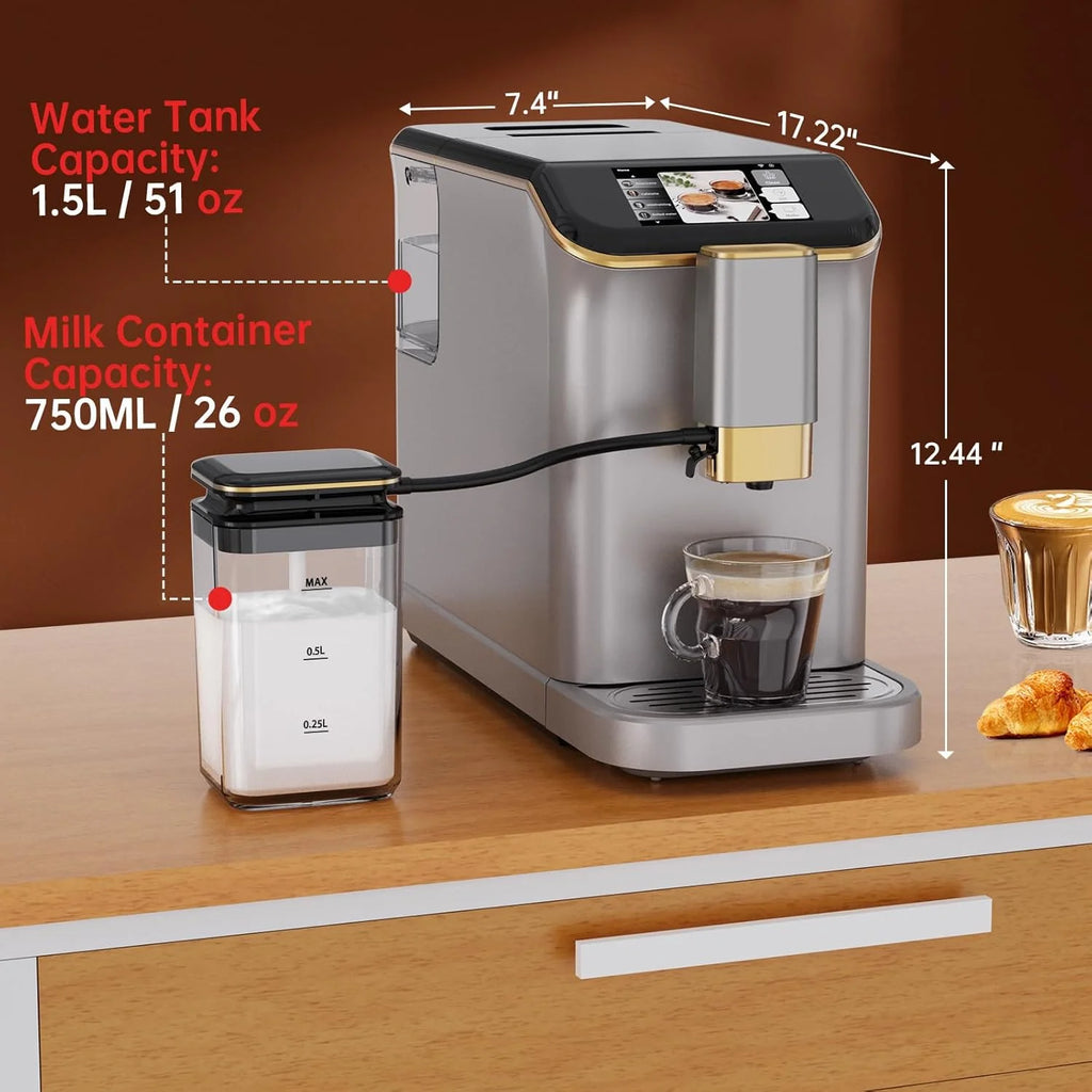 Full Automatic Espresso Machine with Built-In Grinder & Milk Frother - FTF Touchscreen Coffee Maker for Latte/Cappuccino, 20 Bar Pressur & 1.5L Water Tank, 1350W, Grey