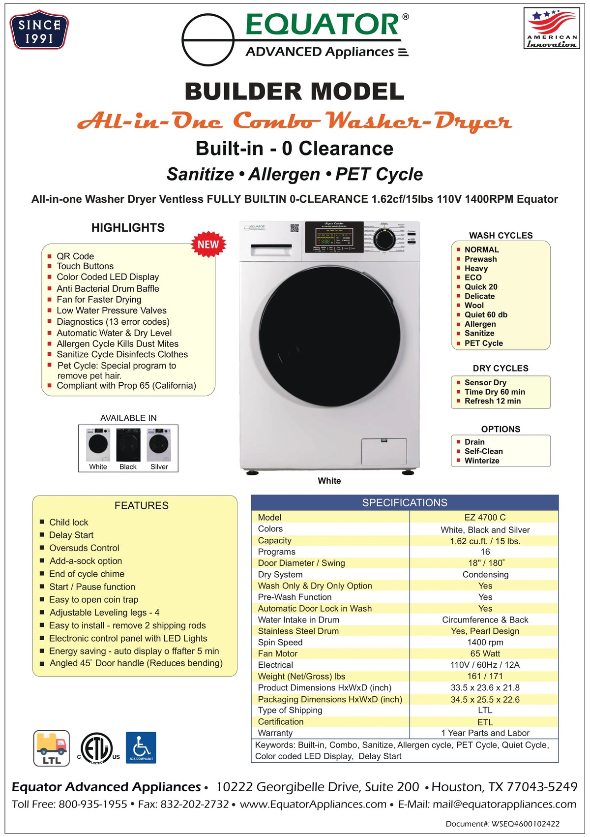 Equator Advanced Appliances Equator Fully Built-in All-in-One Combo Washer-Dryer Ventless