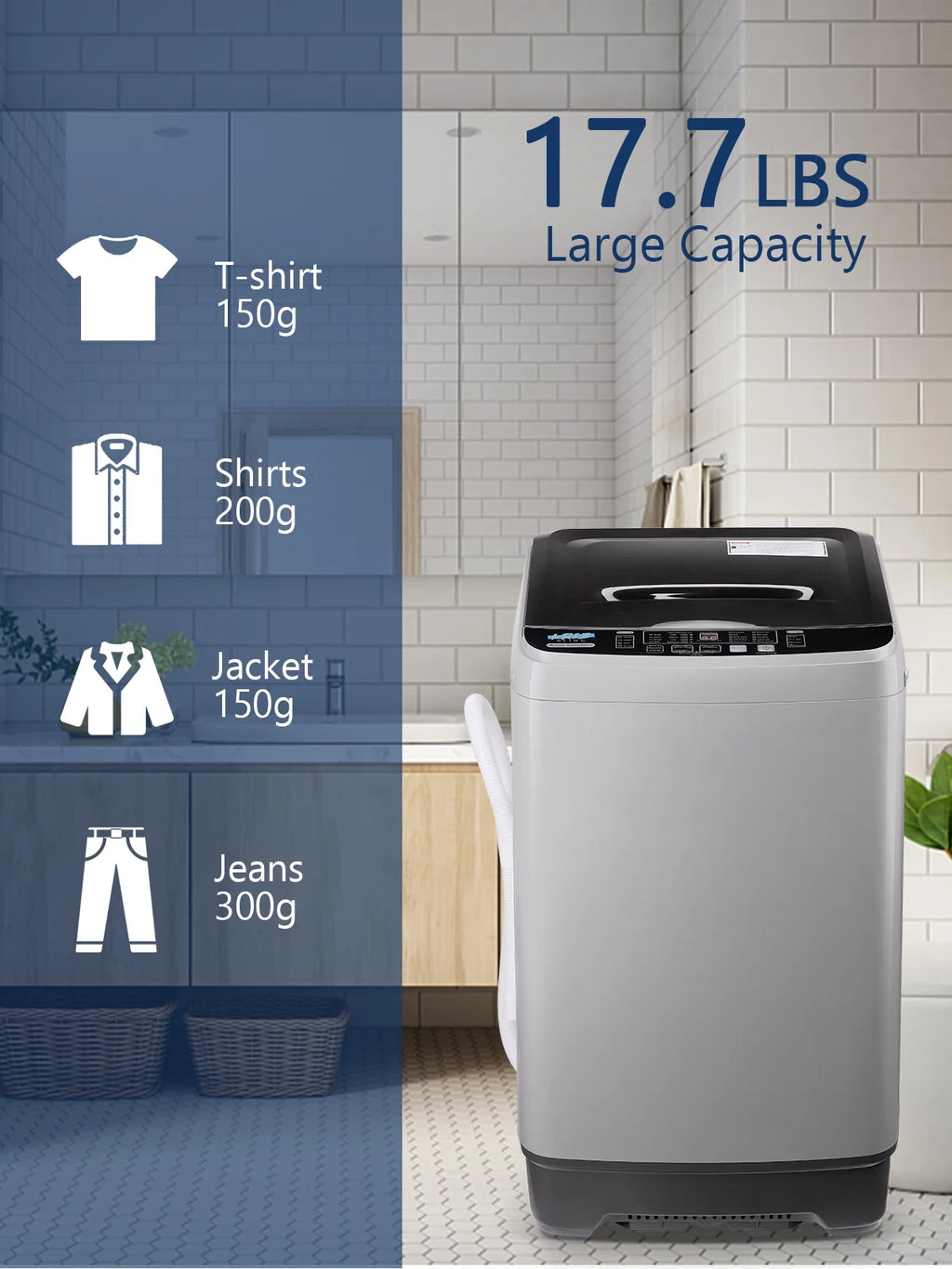 Krib Bling Full Automatic Washing Machine with LED Display, 17.7 lbs Portable Washer with Drain Pump, 10 Washing Programs & 8 Water Levels, Ideal for Camping, Apartment, Dorm, Grey