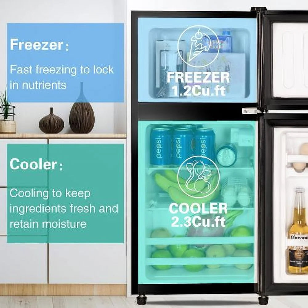 3.5Cu.Ft Compact Refrigerator Mini Fridge with Freezer, Small Refrigerator with 2 Door, 7 Level Thermostat Removable Shelves for Kitchen, Dorm, Apartment, Bar, Office, Black