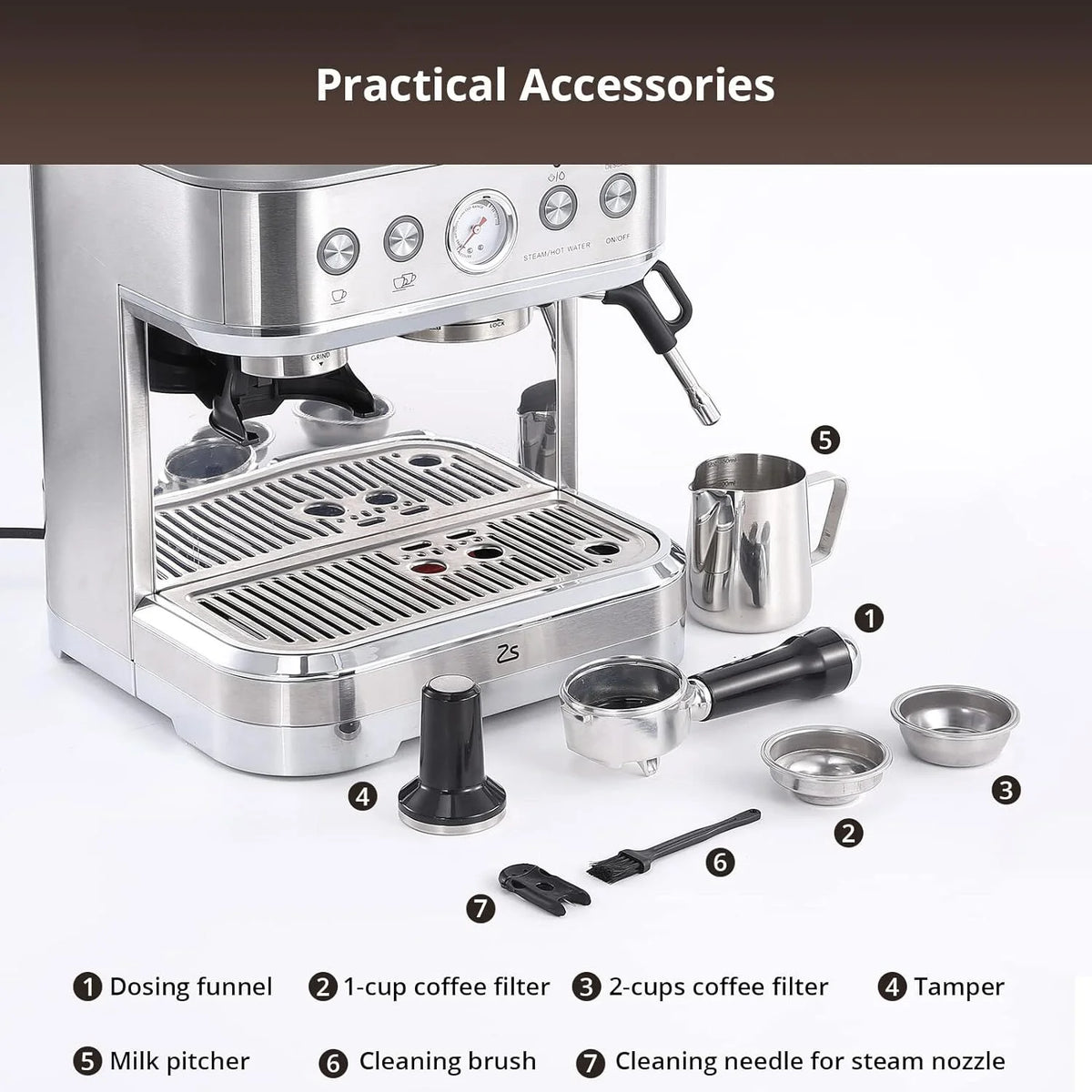 Garvee Semi-Automatic Espresso Machine Coffee Maker with Grinder & Milk Steamer, 15 Bar, 2.5L Water Tank