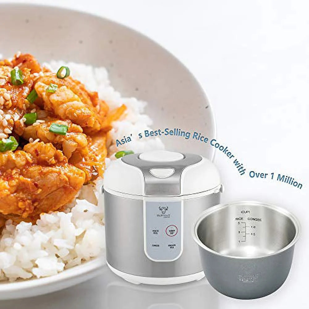 Buffalo Classic Rice Cooker with Clad Stainless Steel Inner Pot - Electric Rice Cooker for White/Brown Rice, Grain - Easy-to-clean, Non-Toxic & Non-Stick, Auto Warmer (5 Cup)