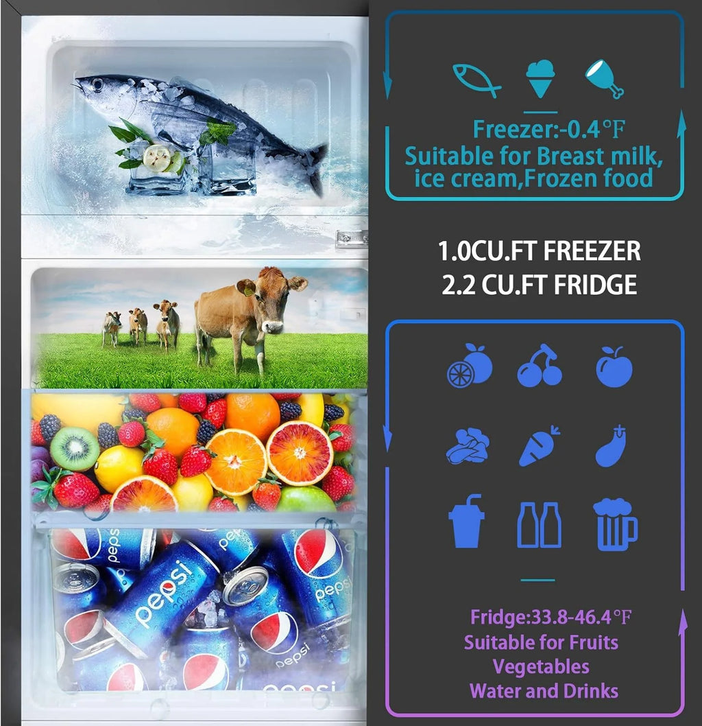 Kcpolre Pink Mini Fridge with Freezer 3.2 Cu.ft Refrigerators, Adjustable Glass Shelves, Quiet Dual Door Dorm Fridge for Bedroom, College, Office