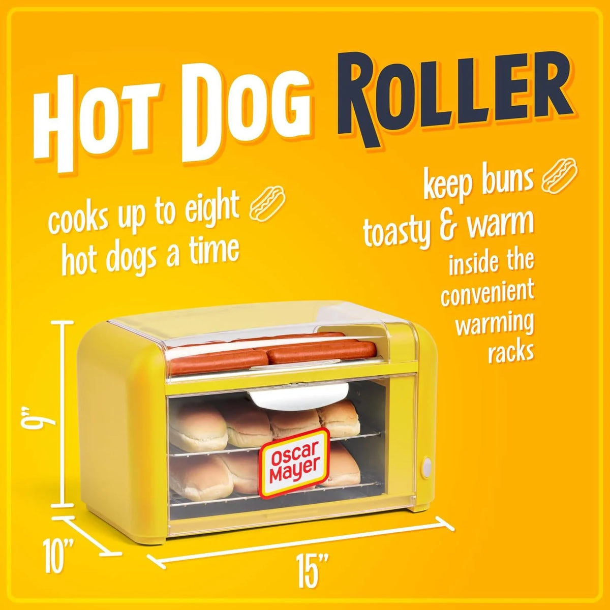 ZZJP Oscar Mayer Extra Large Countertop 8 Hot Dog Roller and Bun Toaster Oven - Stainless Steel Rollers and Non-stick Warming Racks - Adjustable Timer