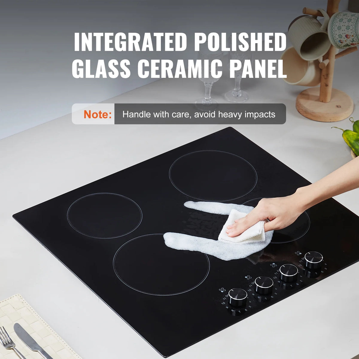 KFFKFF 24" Electric Cooktop, Electric Range, 4 Burner Built-in Ceramic Cooktop with 11 Power Levels, Knob Control, 6000W Ceramic Surface, Glass Panel, Dial Controls, 220-240V, Direct Wiring Required