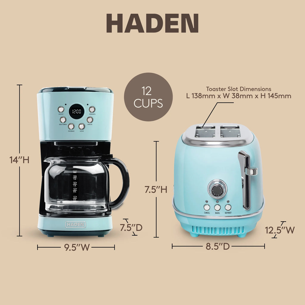 Haden 12 Cup Coffee Maker with 2 Slice Stainless Steel Bread Toaster, White