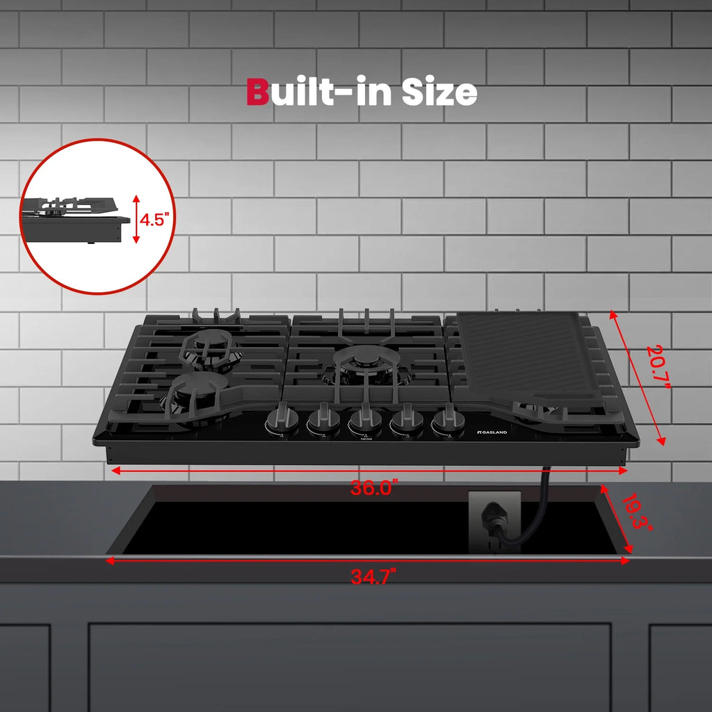 GASLAND 36 in. 5 Burners Black Enamel Gas Cooktop with Griddle, NG/LPG Convertible, PRO GH3365EF