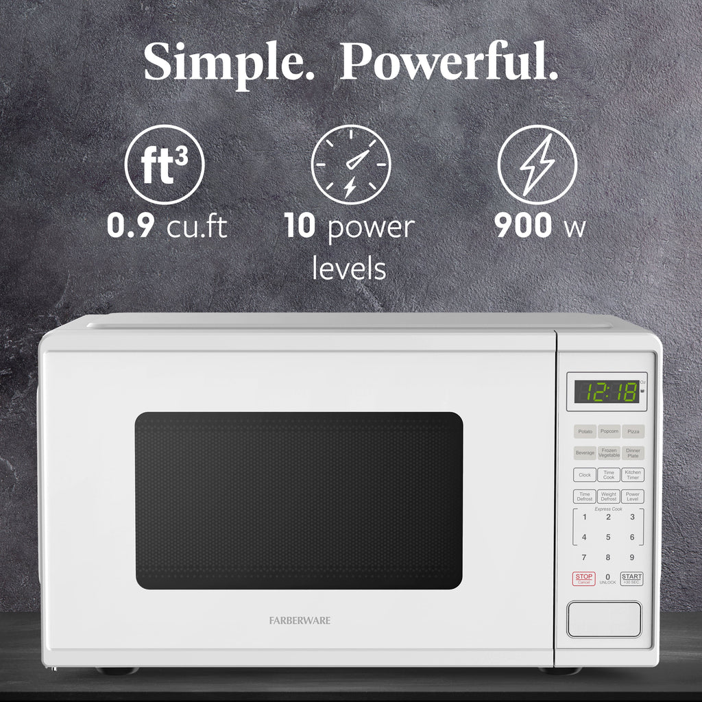 Farberware FMGZ09BKA 0.9 Cu. Ft. Microwave Oven, 900W, Digital Control, LED Display, 6 Cooking Presets, Black