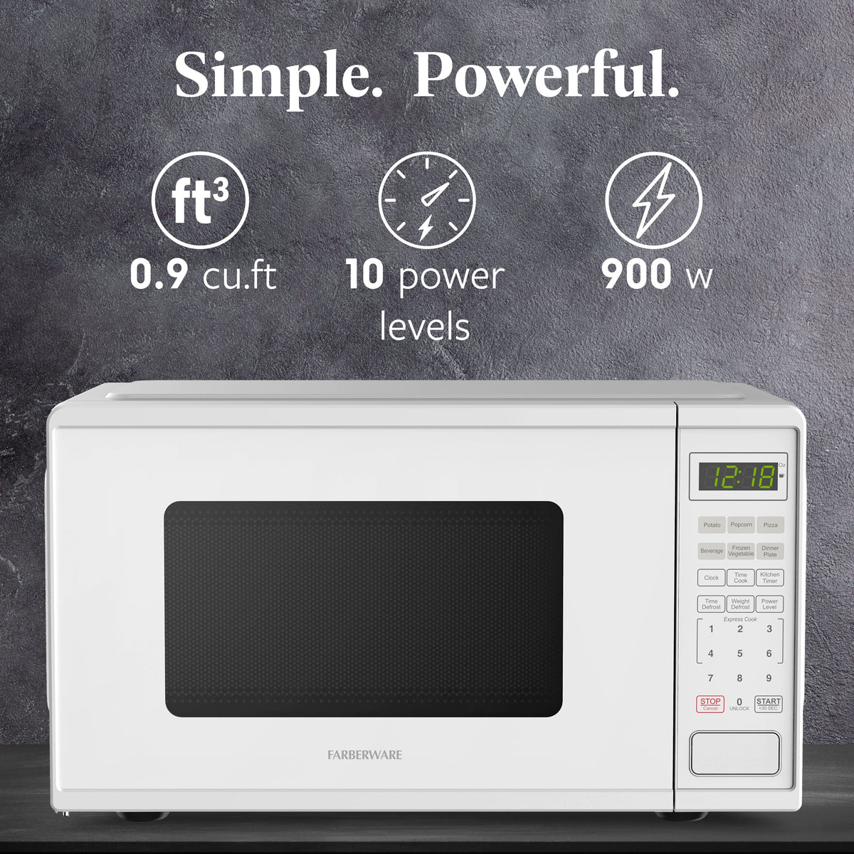 Farberware FMGZ09BKA 0.9 Cu. Ft. Microwave Oven, 900W, Digital Control, LED Display, 6 Cooking Presets, Black