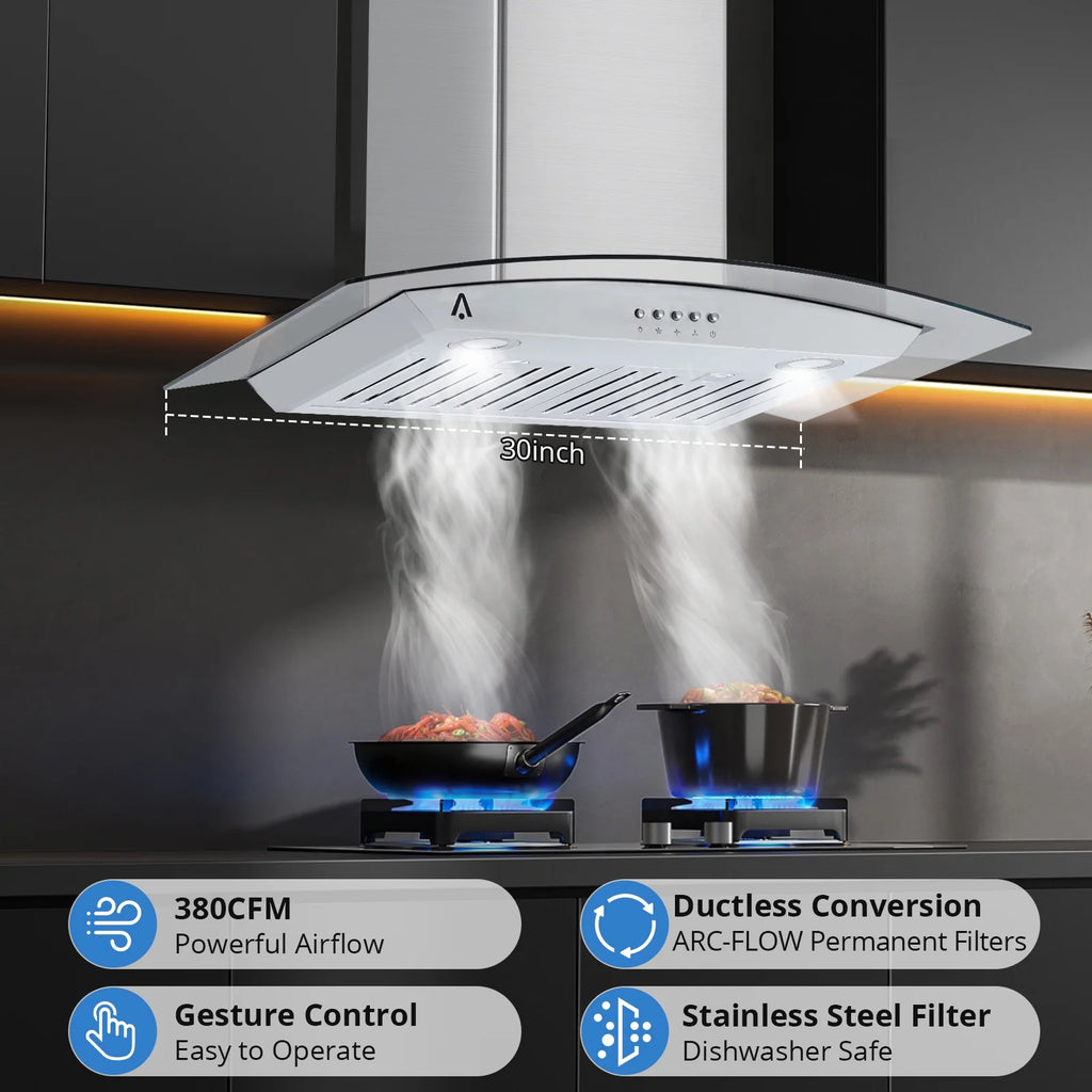 STRELECT 30 Inch Curved Glass Range Hood, 400 CFM Ductless/Ducted Convertible Stove Vent Hood with Chimney, 3 Speed Fan, LED Light, Button Control Vent Hood for Stove Kitchen