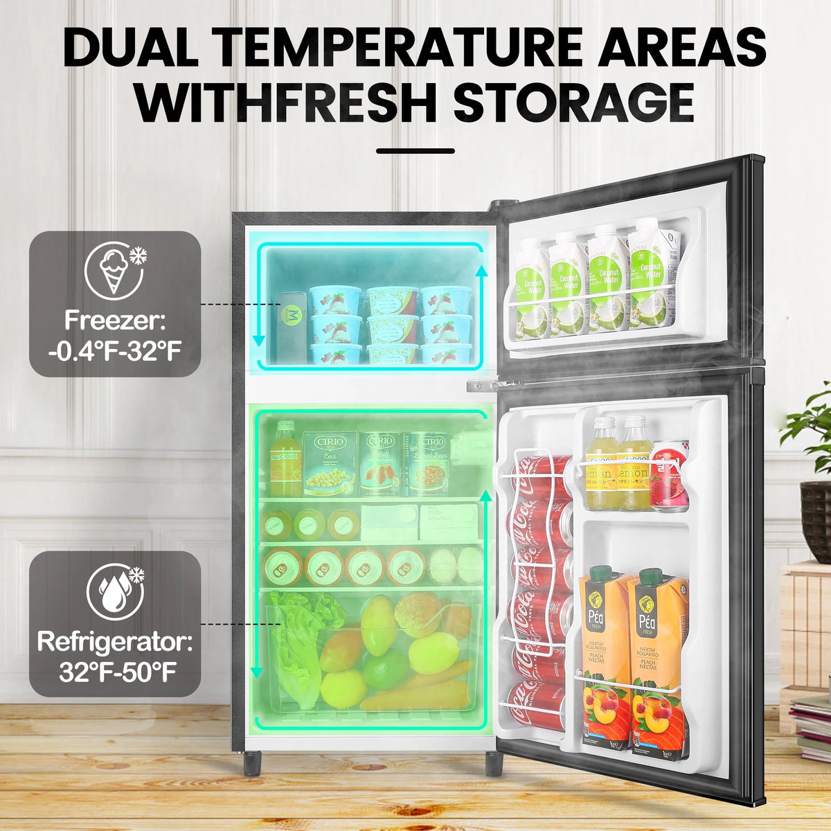 WANAI 3.5 Cu ft Two Door Mini Fridge with Freezer,Apartment Size Refrigerator, Black,New