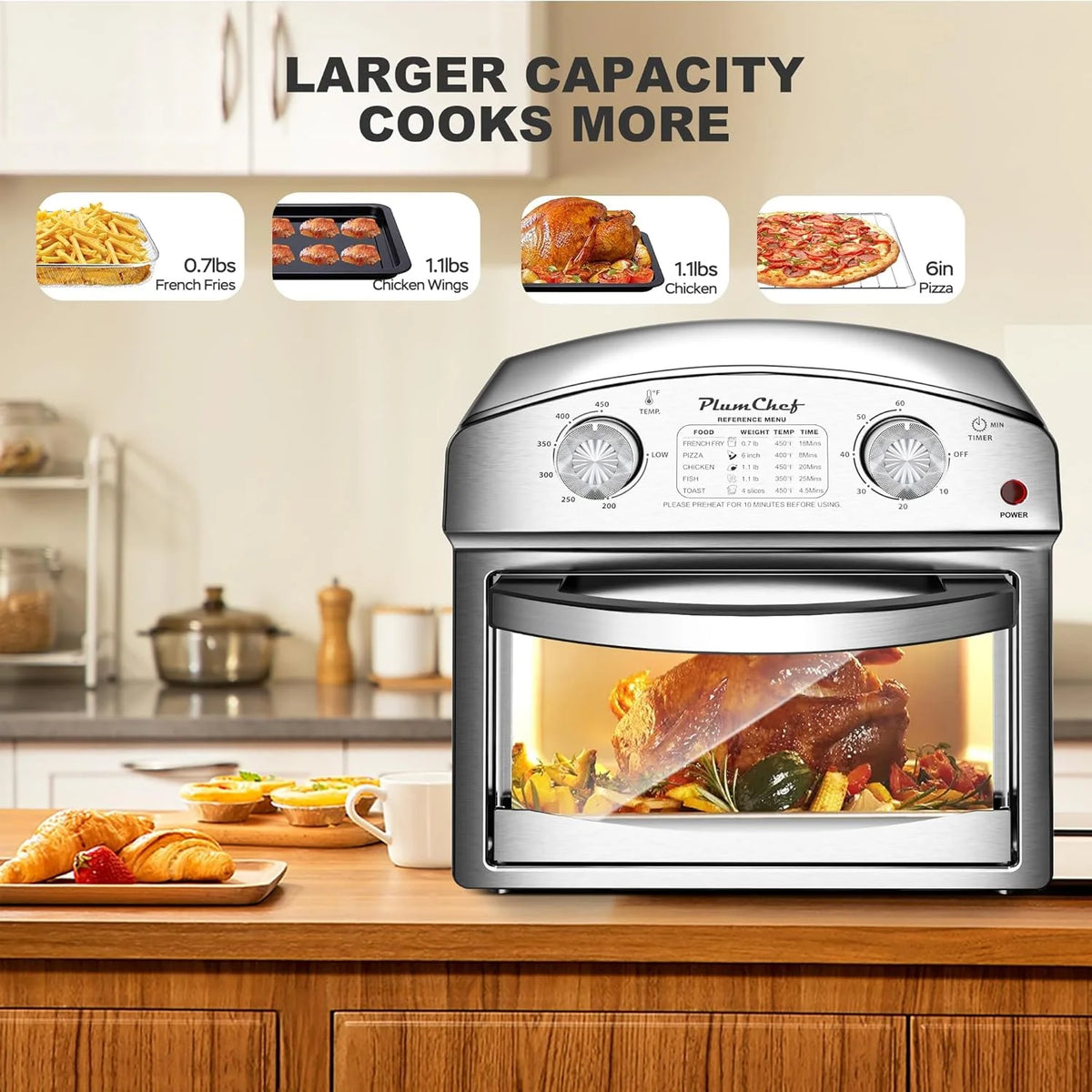 Plum Chef 13QT Air Fryer, 4-Slice Air Fryer Toaster Oven, Space Saving, Visible Window, Oil Free, 1500W, Stainless Steel, Silver