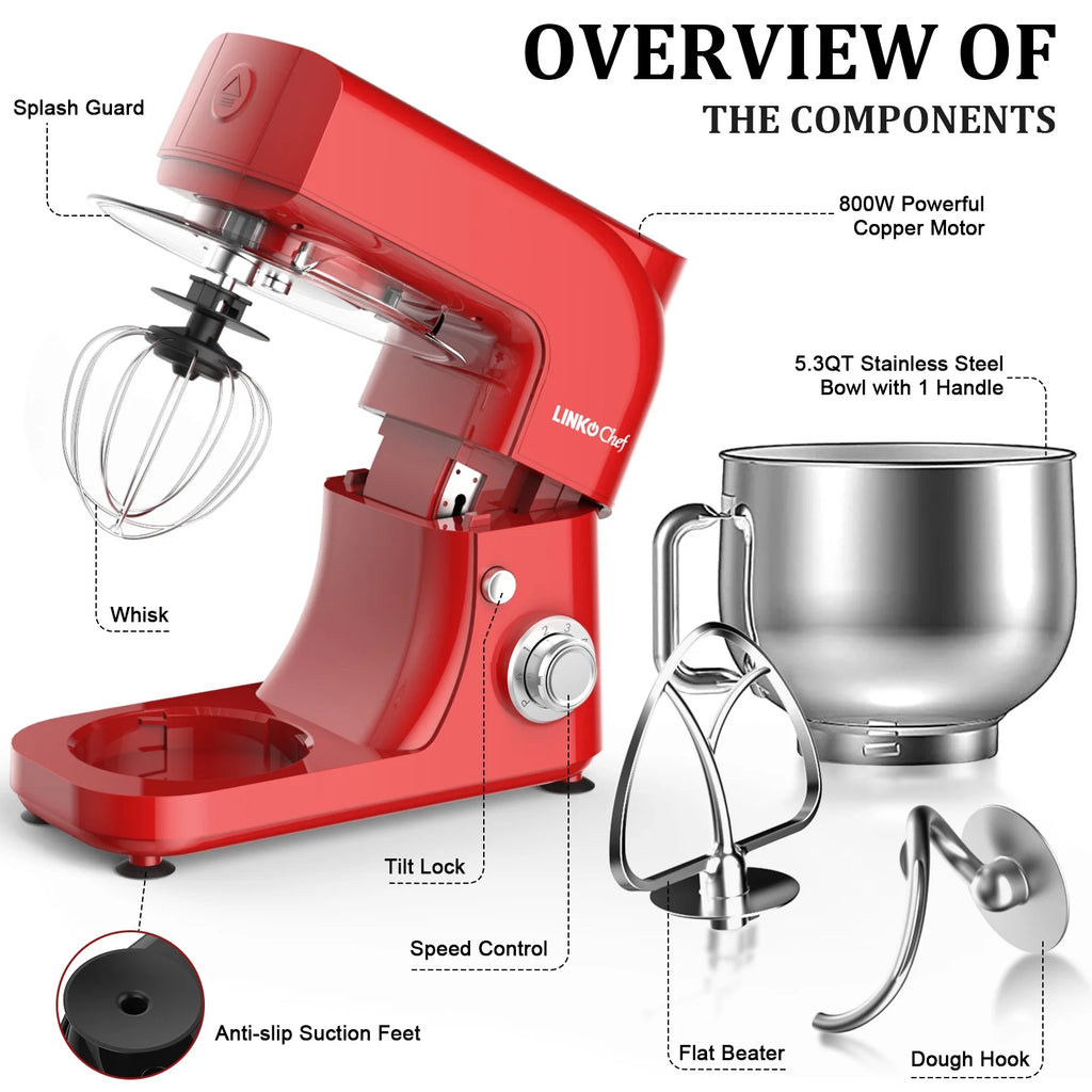 LINKChef Stand Mixer, 5.3QT 800W 6+P Speeds with Whisk, Dough Hook and Beater (White)