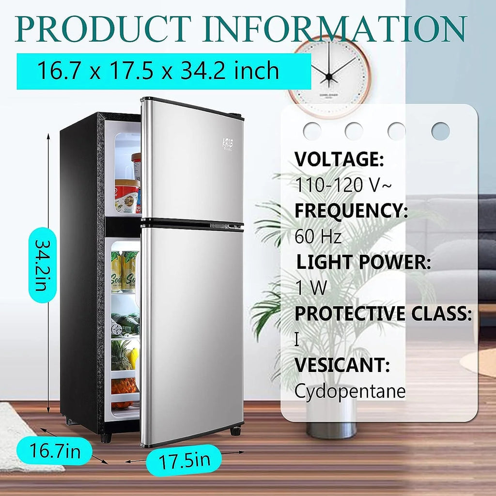 Harper & Bright Designs Double Door Mini Fridge with Freezer, 3.2 Cu.Ft Compact Refrigerator with Adjustable Shelf, Adjustable Thermostat and Reversible Door for Bedroom, Dorm, Home Office, White