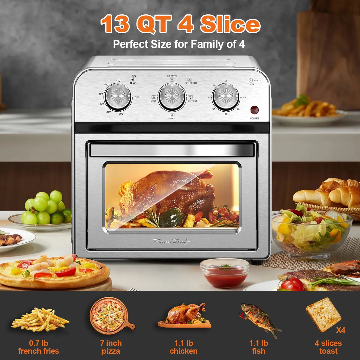 Plum Chef 13QT Air Fryer Toaster Oven Combo, 7-in-1 Multifunctional Countertop Oven with 360�� Hot Air Circulation for Healthy Oil-Free Cooking, Family Size, Stainless Steel, Silver