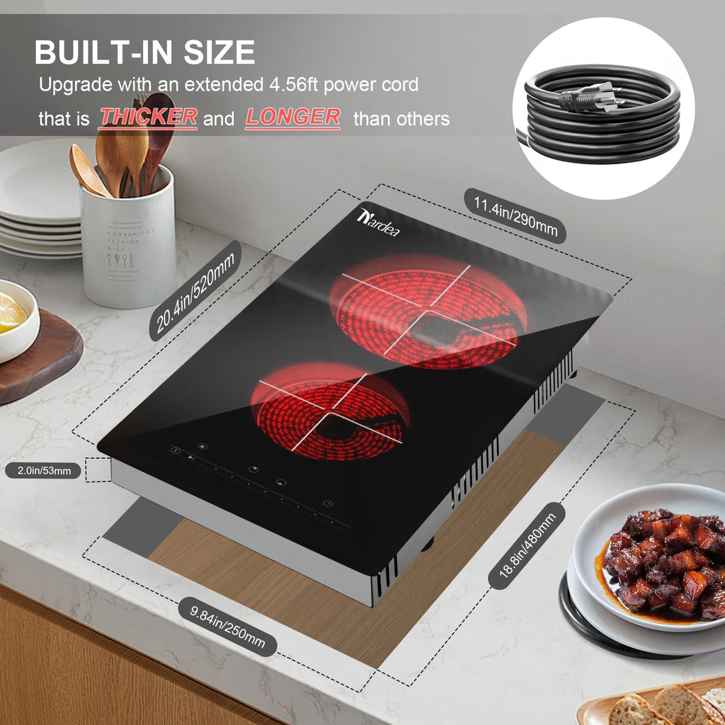 Double Burner Electric Cooktop Hot Plates for Cooking, 110V Plug in Portable Electric Stove Top, 12 Inch Countertop & Built -in Radiant Ceramic Glass Cooktop with Slide Control, 2000W