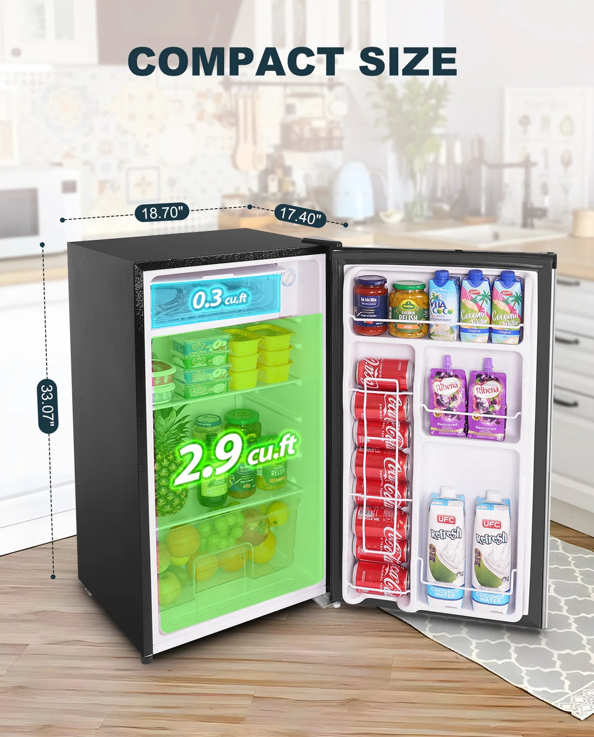 Upstreman 3.2 Cu.Ft. Mini Fridge with Freezer Single Door Small Refrigerator Adjustable Thermostat Compact Fridge with Reversible Door, Low Noise, BR321 Black