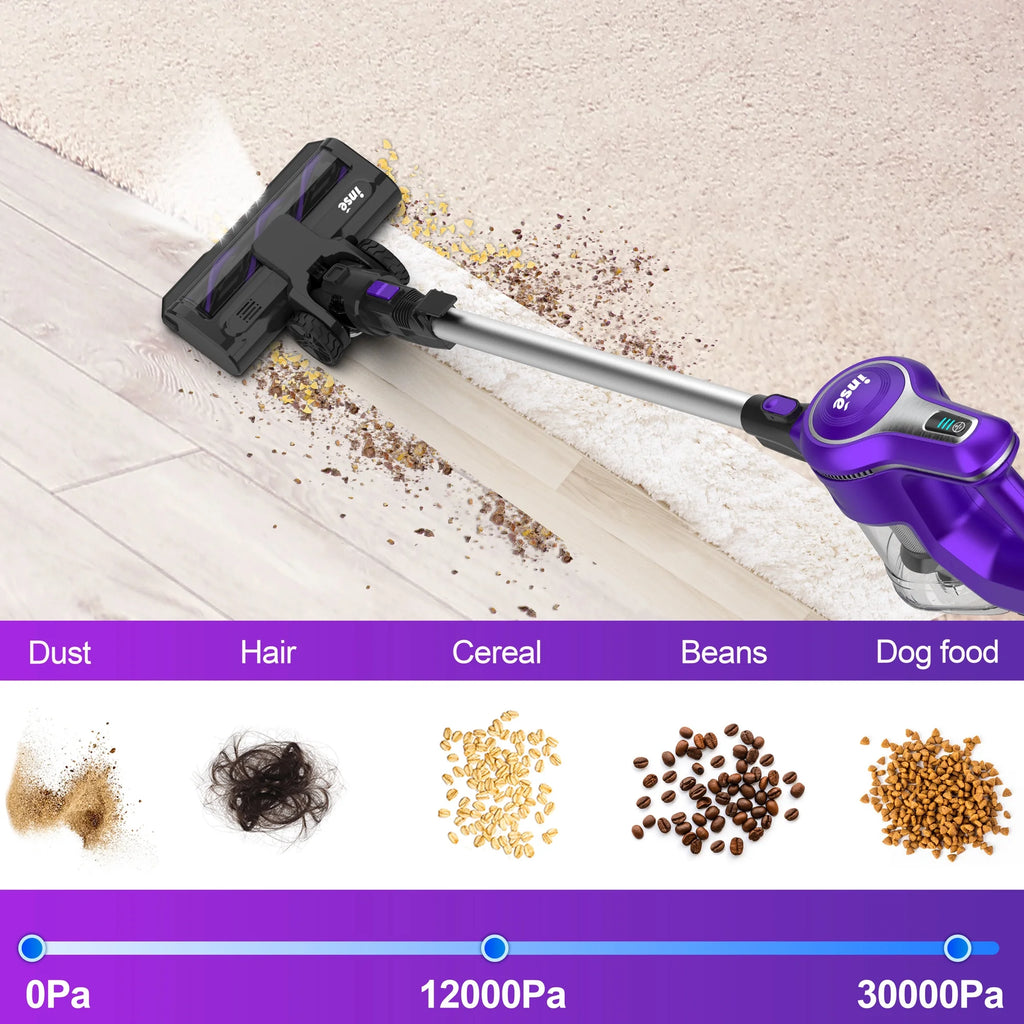 INSE Cordless Vacuum Cleaner, 30kPa 300W Powerful Suction Stick Vacuum Cleaner up to 45min Runtime, Rechargeable Battery Vacuum, 8-in-1 Lightweight Vacuum for Carpet Hard Floor Pet Hair, Purple