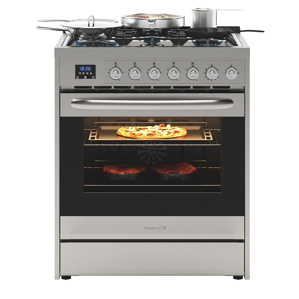 30�� Inch Professional Gas Range Stove with 5 Burner Cooktop, Rapid Convection Oven, and Digital Timer with Heavy-Duty Cast Iron Grates, Stainless-Steel Appliance, Silver