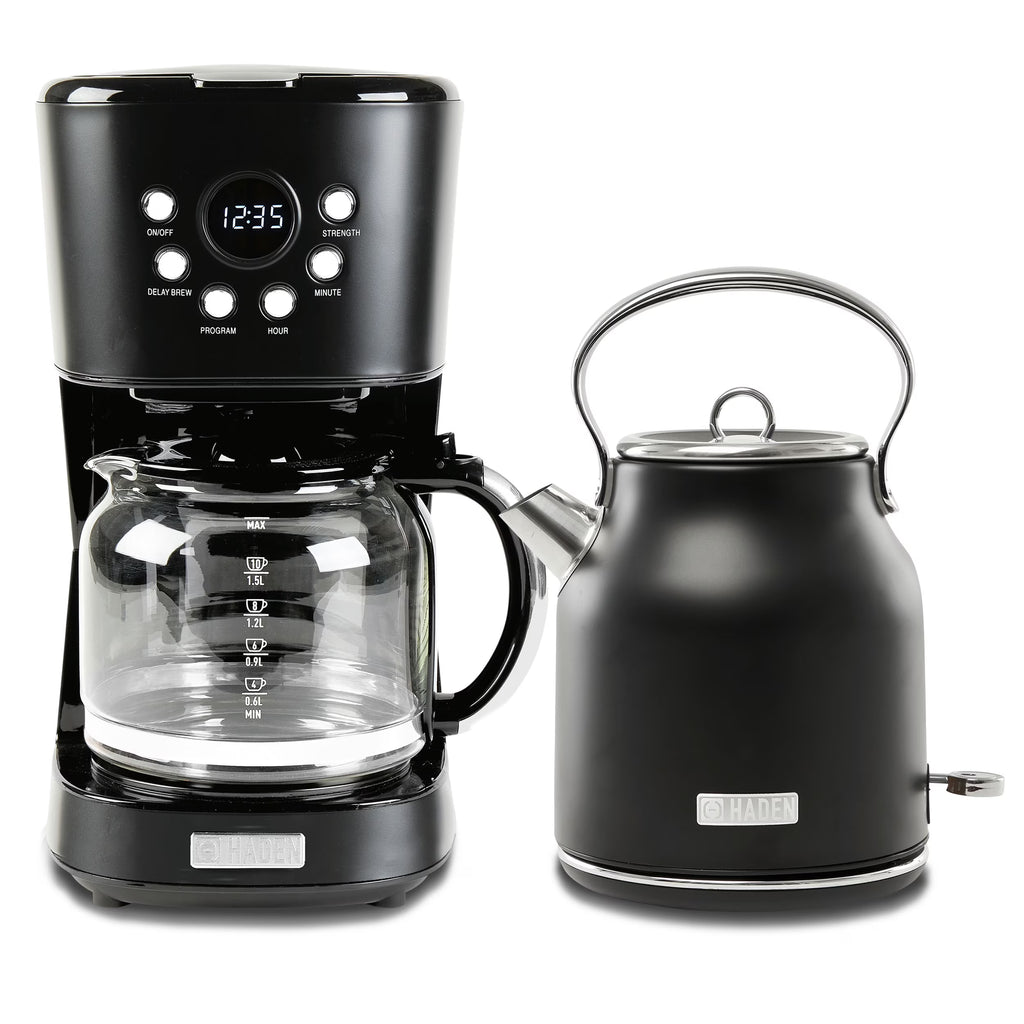 Haden Coffee Maker & Heritage 1.7 Liter Electric Kettle, Black & Chrome