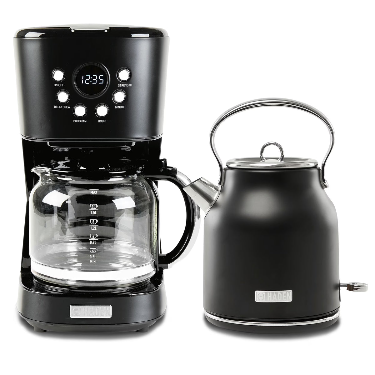 Haden Coffee Maker & Heritage 1.7 Liter Electric Kettle, Black & Chrome
