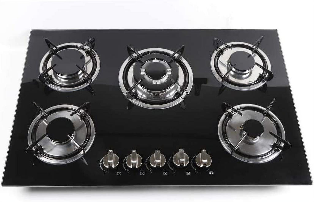 Miumaeov Gas Cooktop 30" Tempered Glass Gas Hob LPG/NG Cooktops Cooker Cooktop High Power Burners Kitchen Cooktop Black