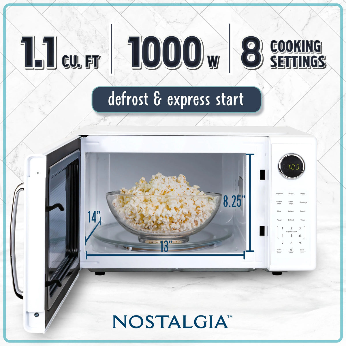 Nostalgia Retro Microwave Oven - 1.1 Cu Ft & 1000-Watt Countertop Size with Glass Turntable, Child Safety Lock, 8 Auto-Cook Programs & Digital Clock - Black