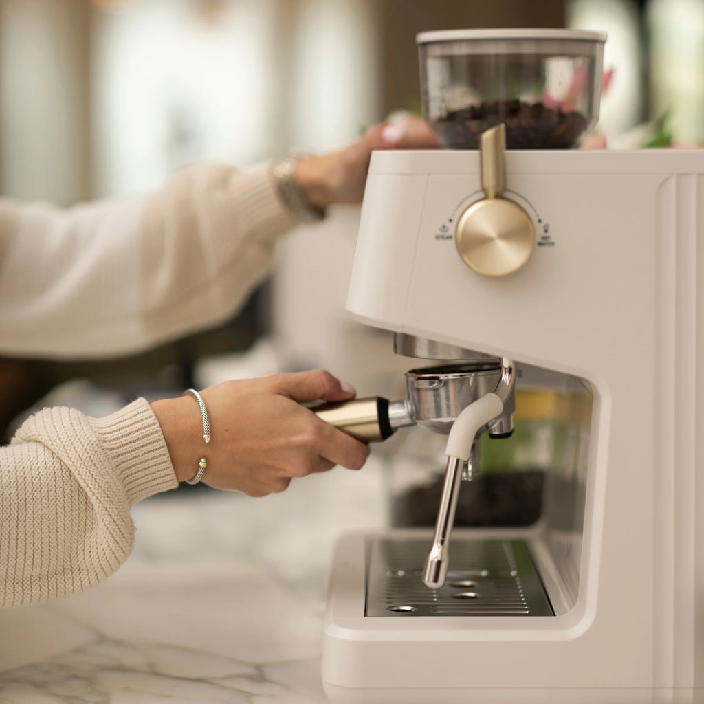 Thyme & Table Barista Grade Espresso Machine with 15-Bar Pressure, Conical Burr Grinder and Steam Wand, Sand White