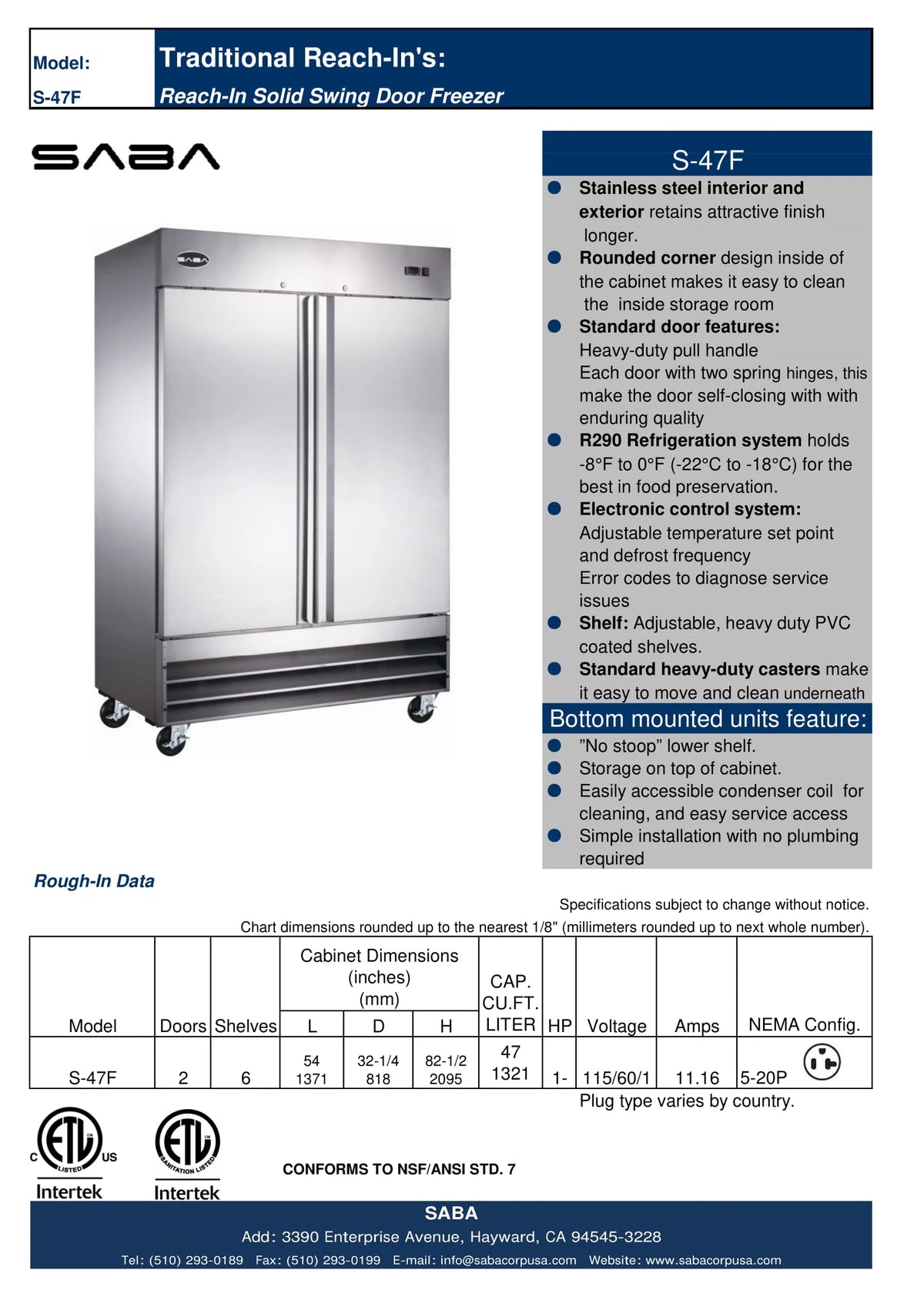 Heavy Duty Commercial 47 cu ft Solid Stainless Steel Reach-In Freezer (2 Door)