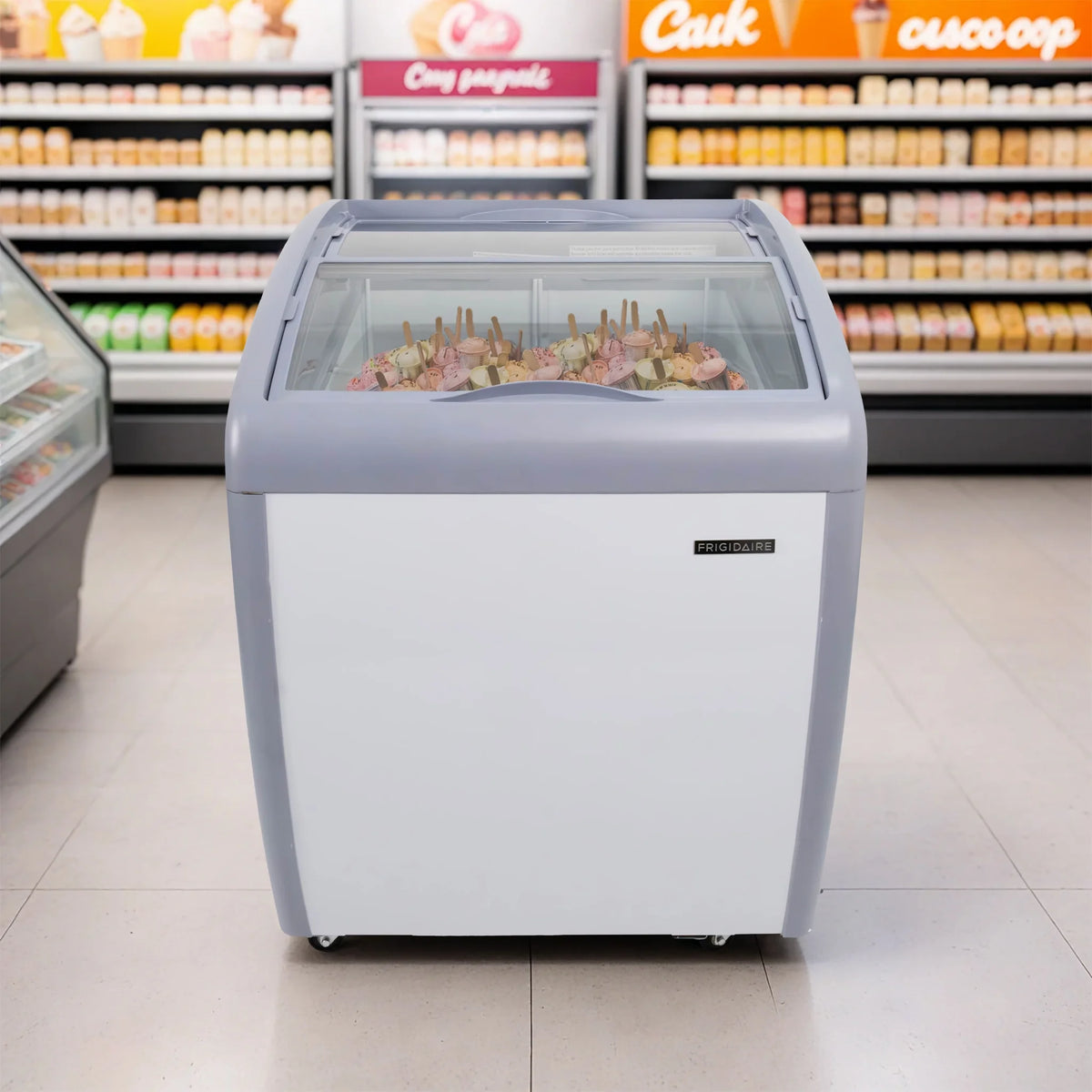 Frigidaire Commercial Chest Freezer for Ice Cream and Frozen Foods, Glass Top Display Storage Case, 4 Cu. Ft. Bin, Rolling Caster Wheels, Adjustable Temperature, Energy Efficient Cooling