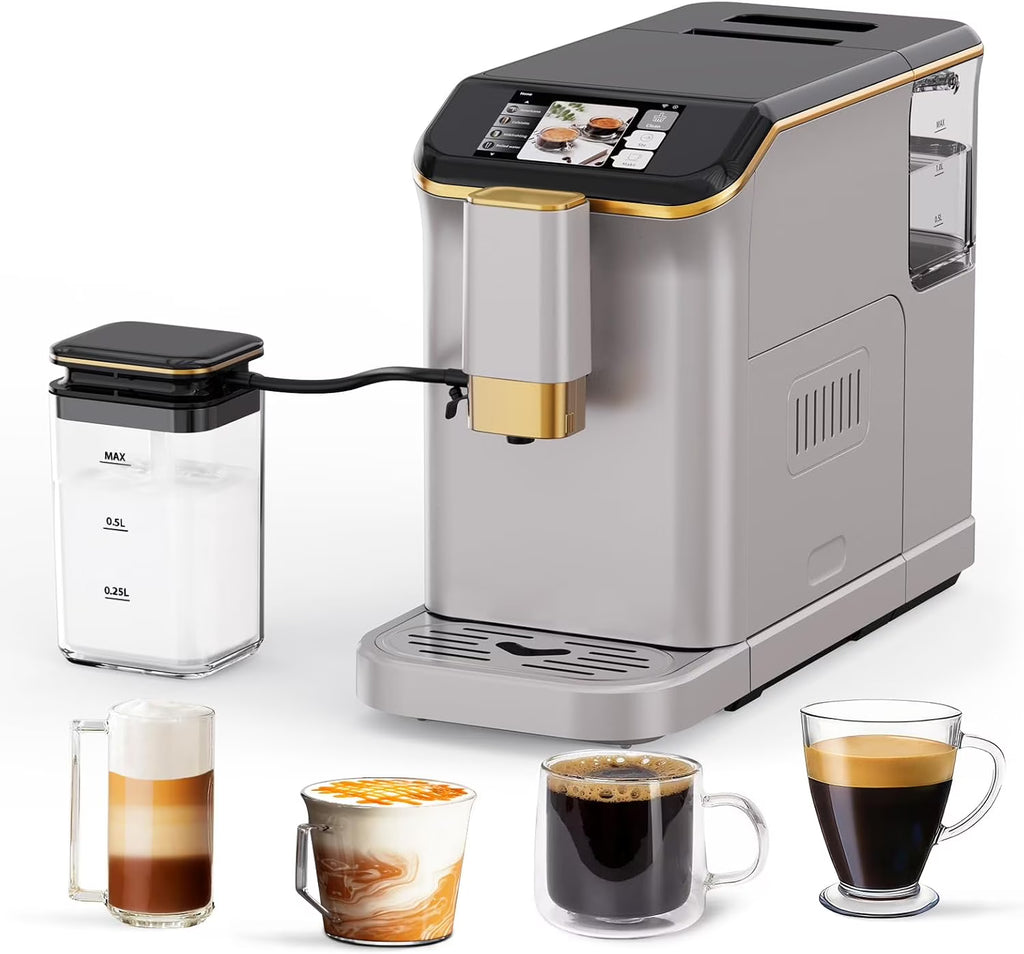 Full Automatic Espresso Machine with Built-In Grinder & Milk Frother - FTF Touchscreen Coffee Maker for Latte/Cappuccino, 20 Bar Pressur & 1.5L Water Tank, 1350W, Grey