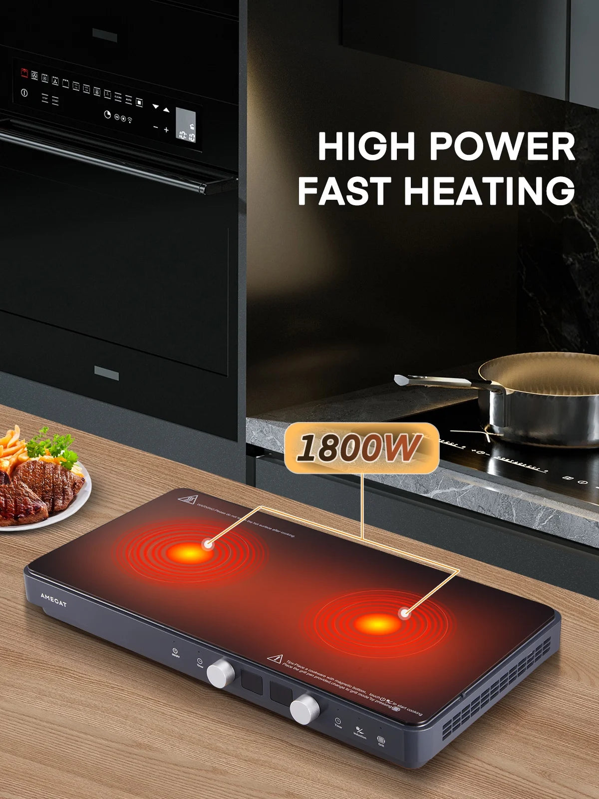 Induction Cooktop 2 Burners, 1800W Countertop Burners with Removable Cast Iron Griddle Pan Non-Stick, 8 Power Levels Control