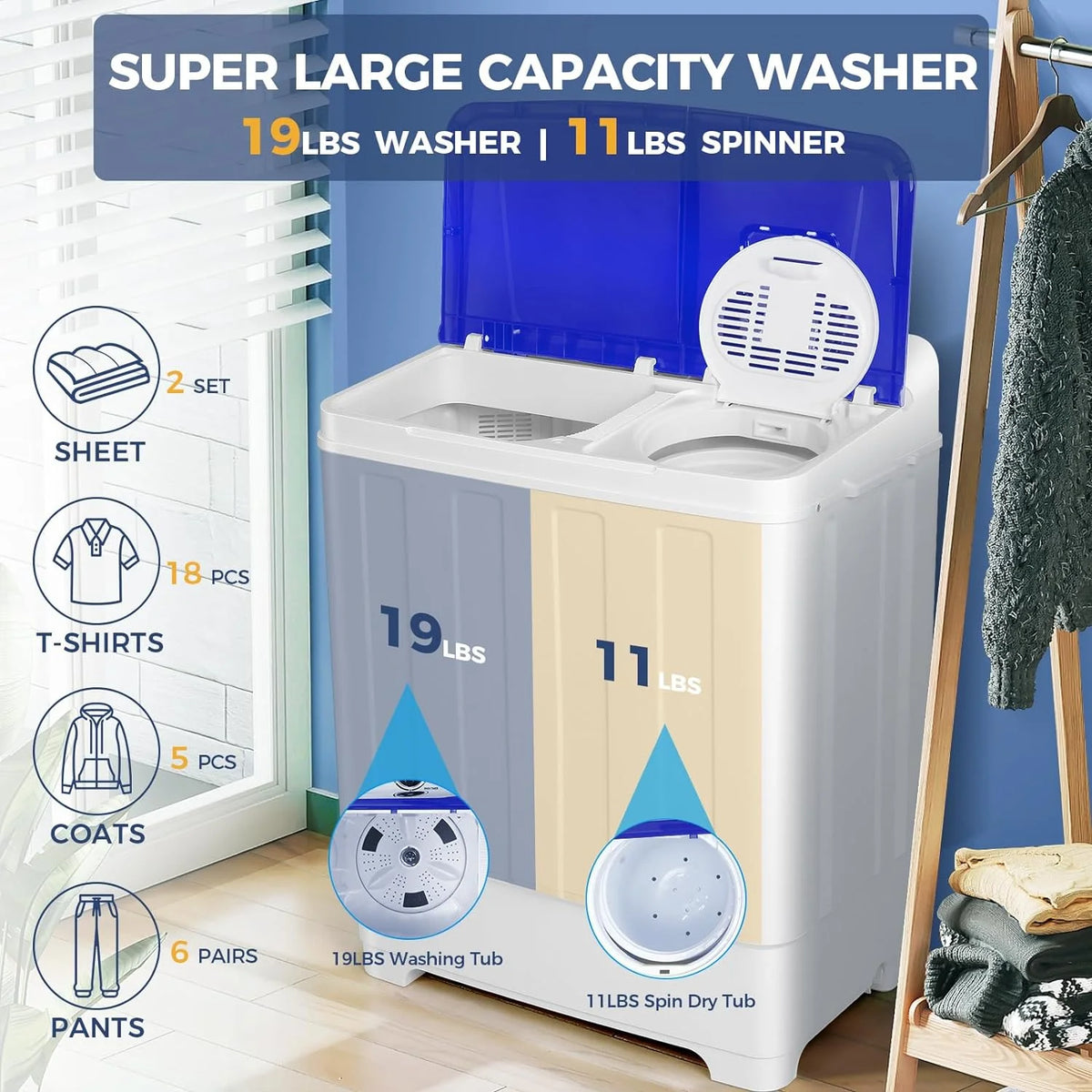 Qhomic Portable Washer 30lbs, 2-in-1 Twin Tub Washer & Dryer Combo Compact Semi-Automatic Washing Machine with Drain Pump, Black