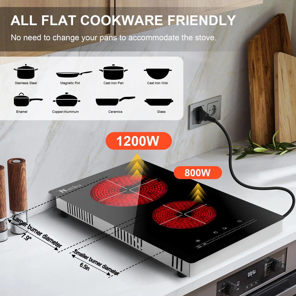 Double Burner Electric Cooktop Hot Plates for Cooking, 110V Plug in Portable Electric Stove Top, 12 Inch Countertop & Built -in Radiant Ceramic Glass Cooktop with Slide Control, 2000W